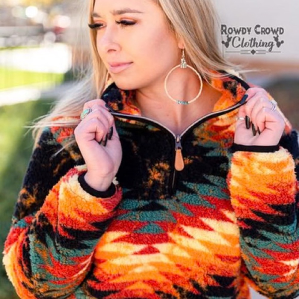 Rowdy Crowd Red and Orange Sherpa Quarter Zip Sweatshirt Southwestern Style